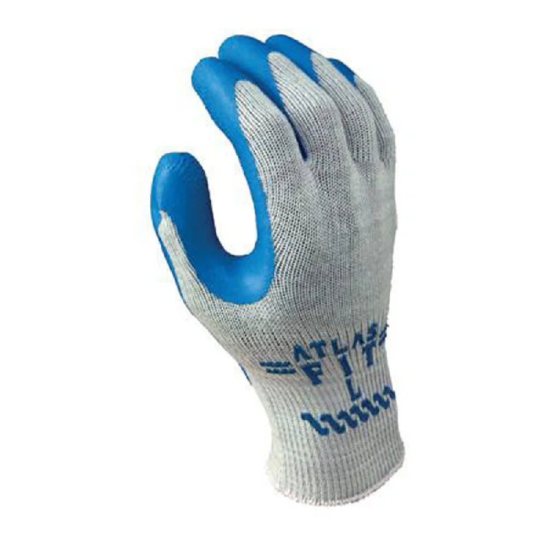 SHOWA Best Glove Size 9 Atlas Fit 300 10 Gauge Light Weight Abrasion Resistant Blue Natural Rubber Palm Coated Work Gloves With Light Gray Cotton And Polyester Liner And Elastic Knit Wrist