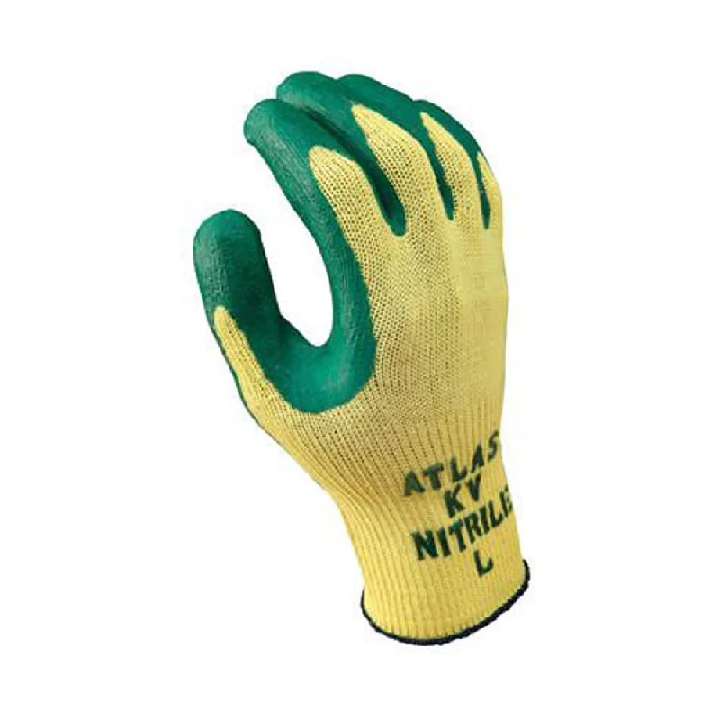 SHOWA Best Glove Size 9 Atlas 10 Gauge Cut Resistant Green Nitrile Dipped Palm Coated Work Gloves With Yellow Seamless Kevlar Knit Liner