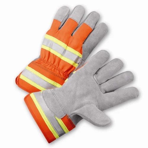 HVO500, Hi-Vis Leather Gloves, Rubberized Cuff, Reflective 12 Pair