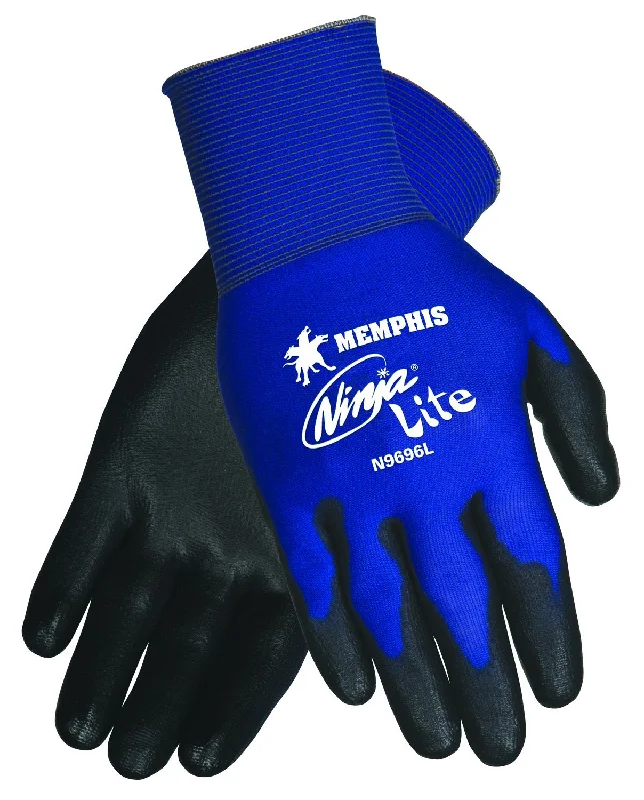 Memphis Glove N9696S Ninja Lite Polyurethane Palm Athletic Grade Nylon Shell Gloves, Black/Blue, (dozen)