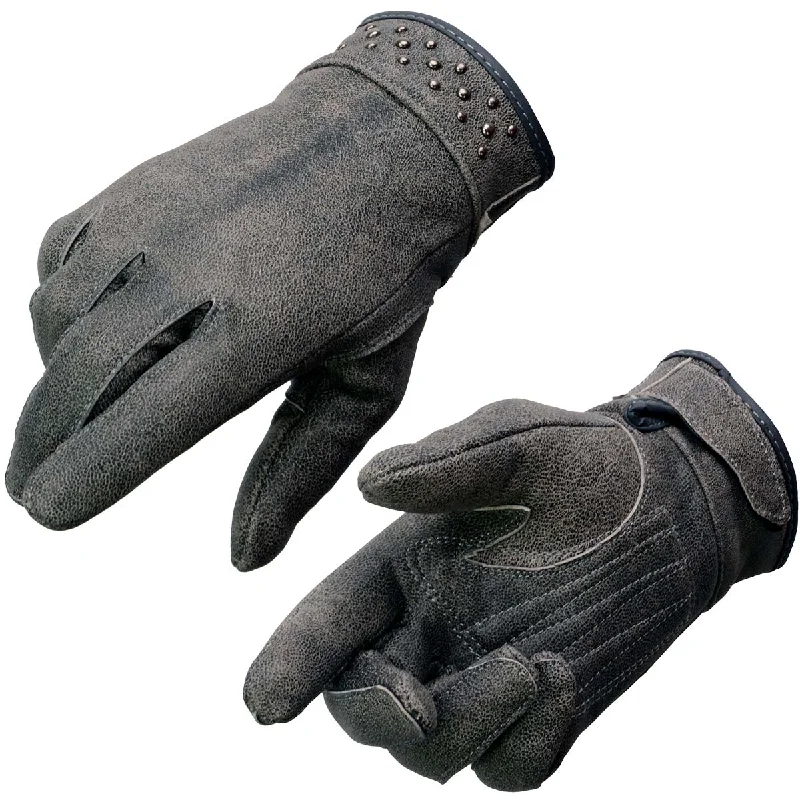 Milwaukee Leather MG7760 Women's Distressed Grey Leather Gel Palm Motorcycle Hand Gloves W/ Stylish ‘Wrist Detailing’