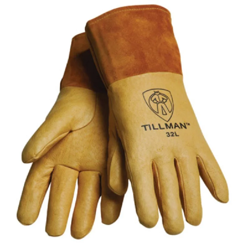 Tillman Large Gold Top Grain Pigskin Unlined Premium Grade MIG Welders Gloves With Straight Thumb, 4" Cuff And Kevlar Lock Stitching