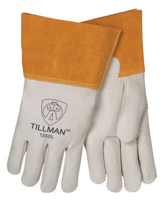 Tillman Large Pearl Top Grain Cowhide Unlined Standard Grade MIG Welders Gloves With Wing Thumb, 4" Cuff, Seamless Forefinger And Kevlar Lock Stitching